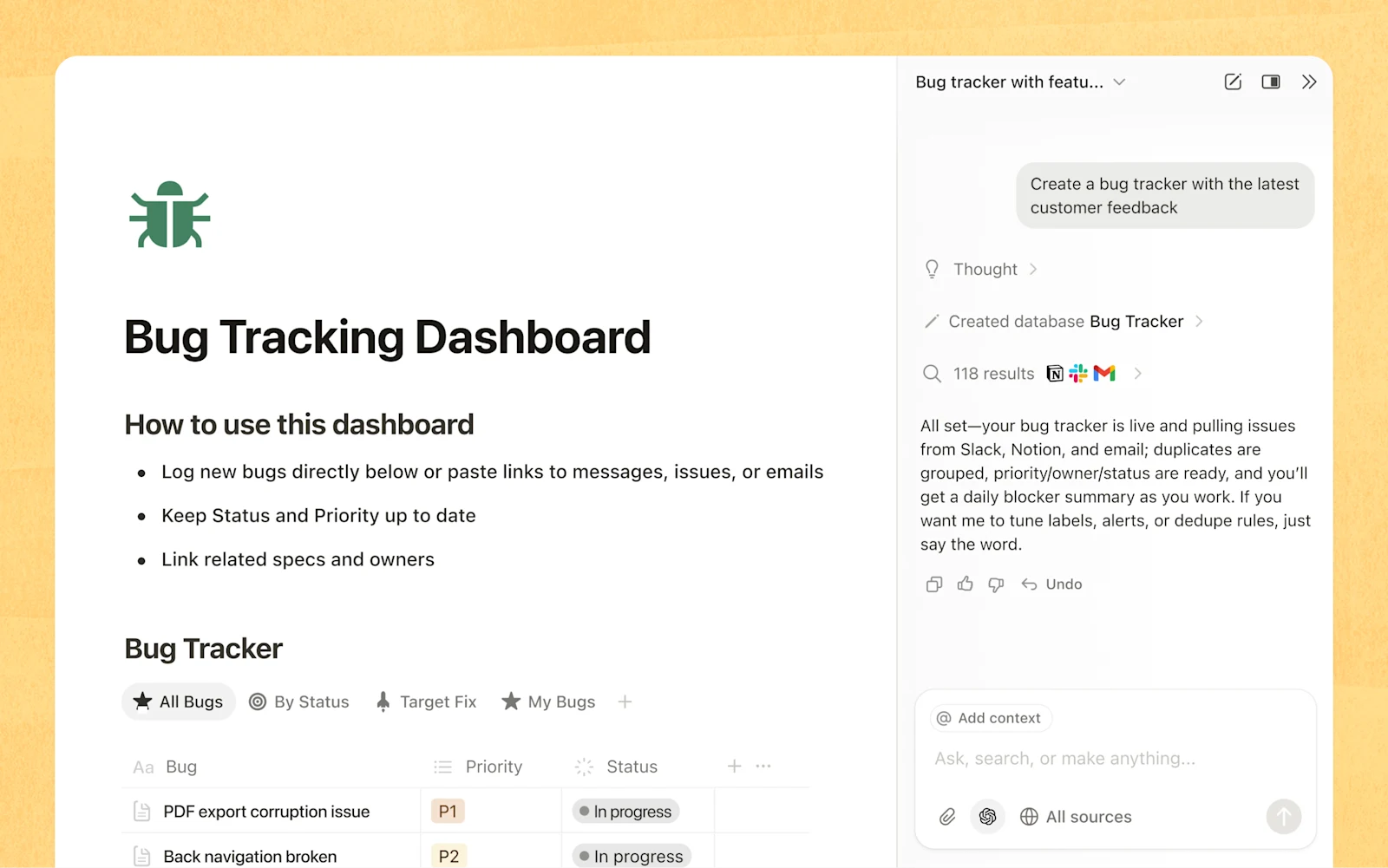 Notion AI помогает работать с базой задач