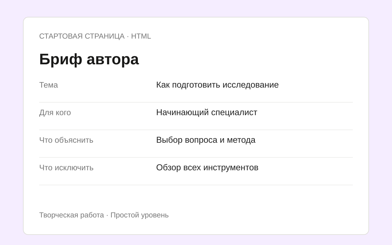 Структура шаблона Бриф автора с примером заполнения