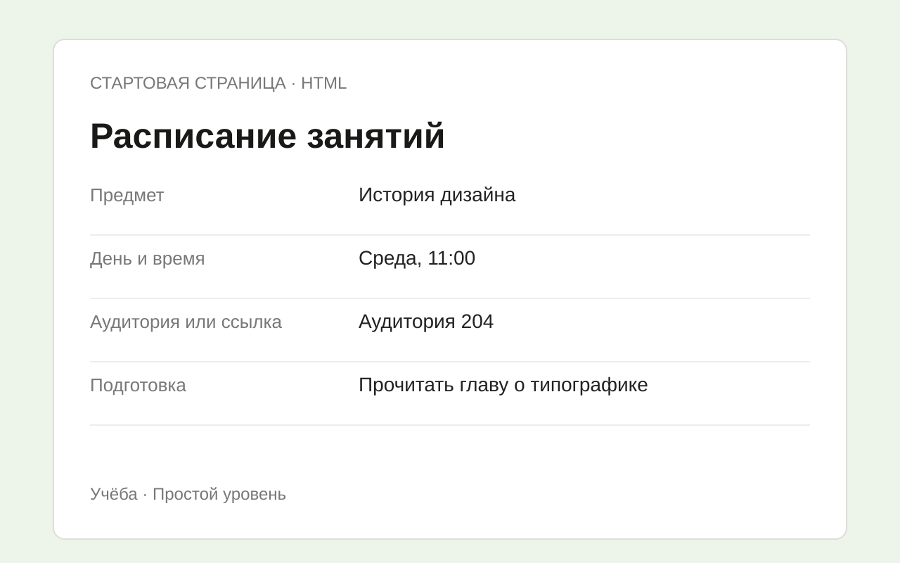 Структура шаблона Расписание занятий с примером заполнения