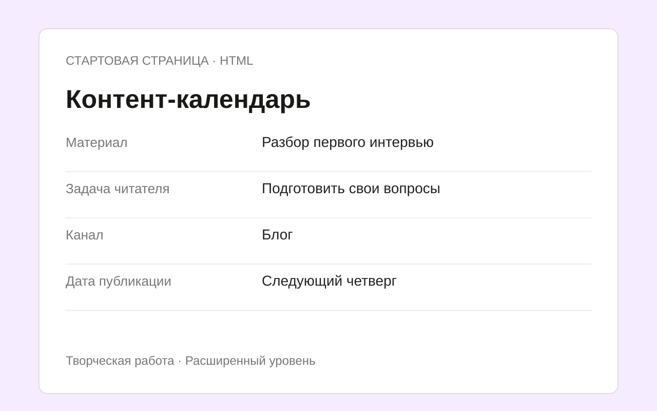 Структура шаблона Контент-календарь с примером заполнения