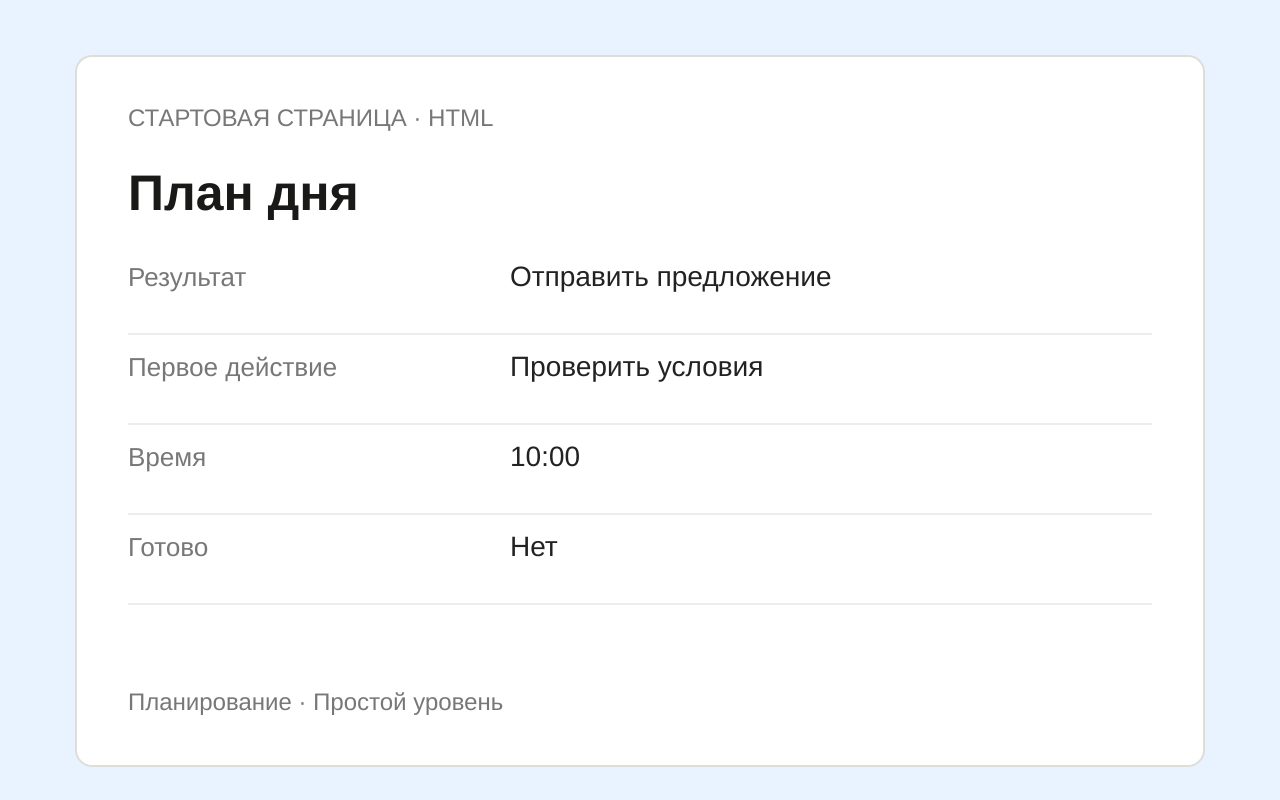 Структура шаблона План дня с примером заполнения