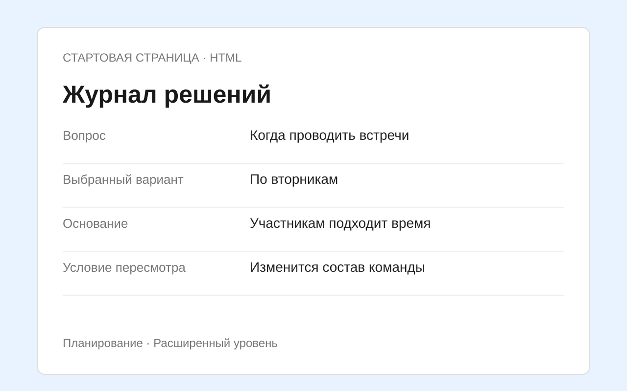 Структура шаблона Журнал решений с примером заполнения
