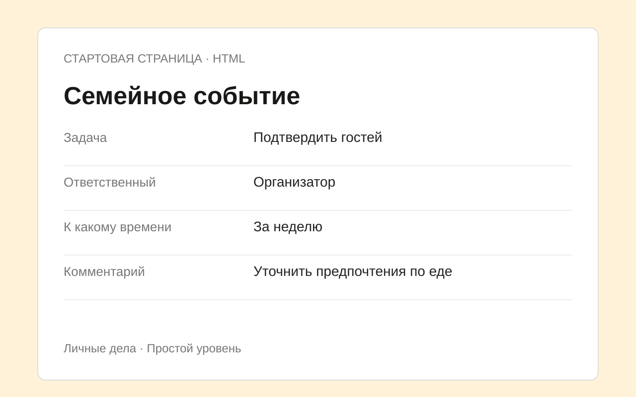 Структура шаблона Семейное событие с примером заполнения
