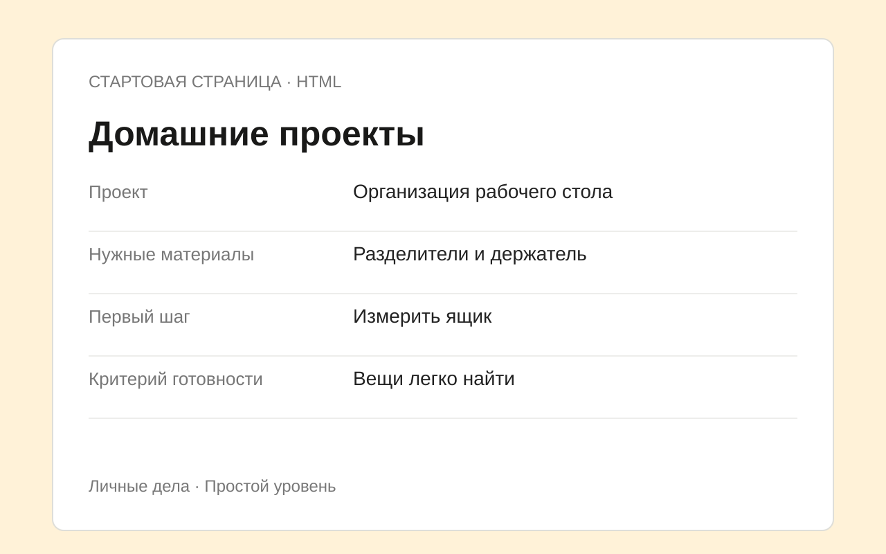 Структура шаблона Домашние проекты с примером заполнения