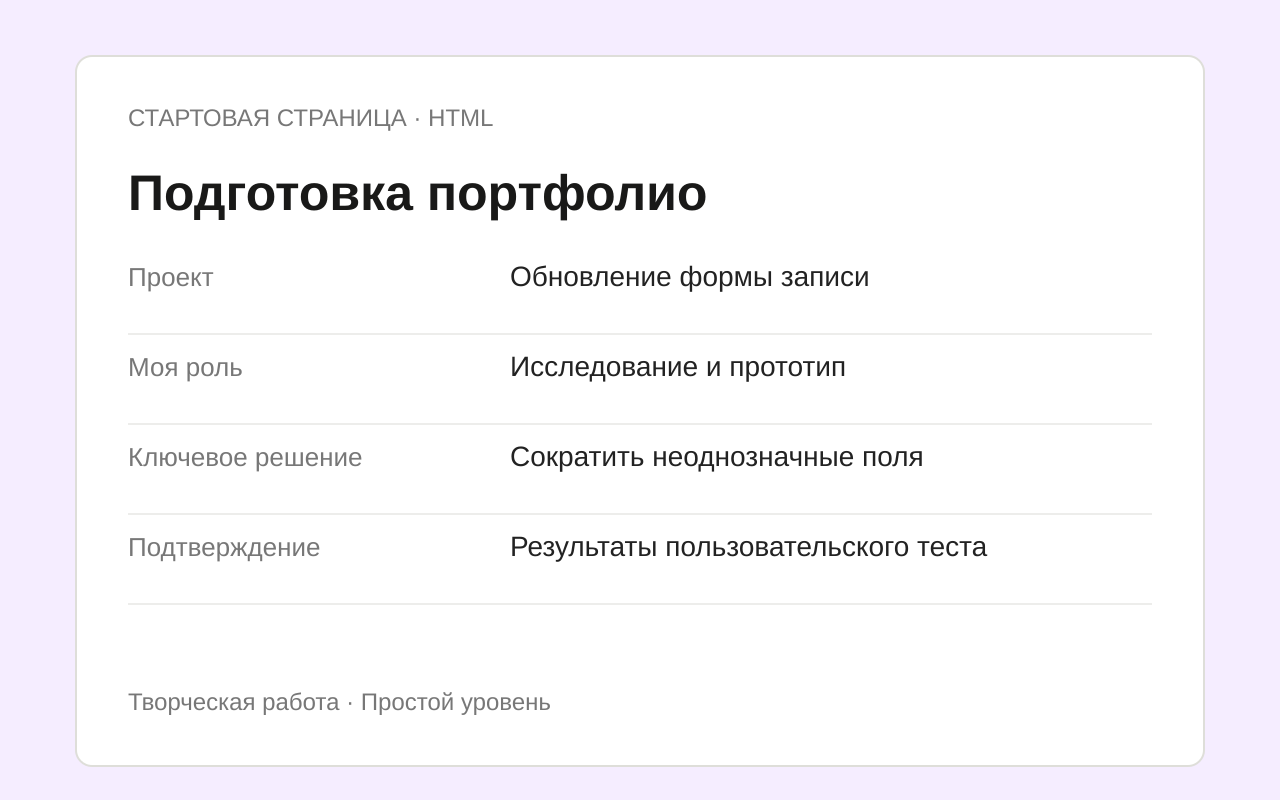 Структура шаблона Подготовка портфолио с примером заполнения