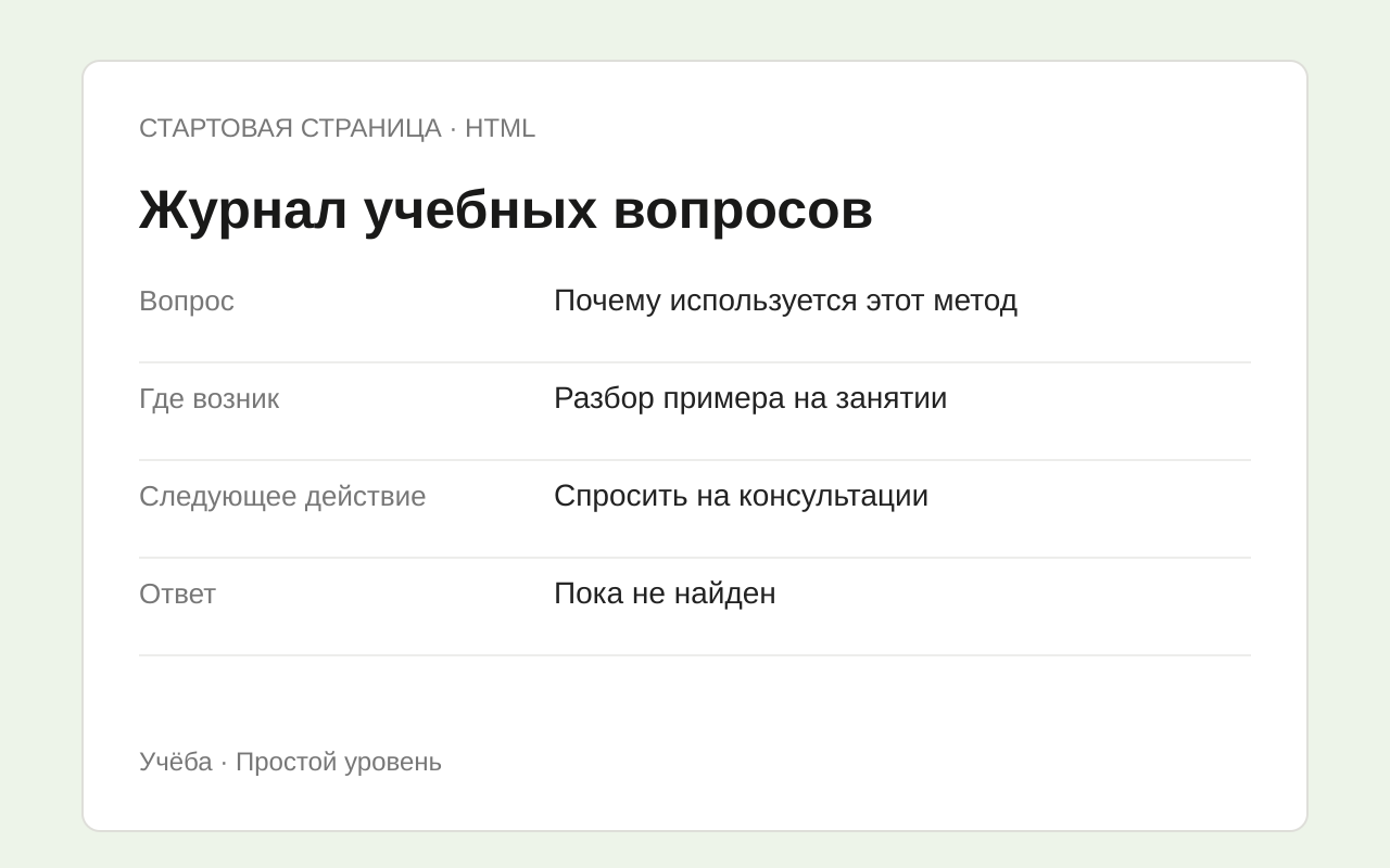 Структура шаблона Журнал учебных вопросов с примером заполнения