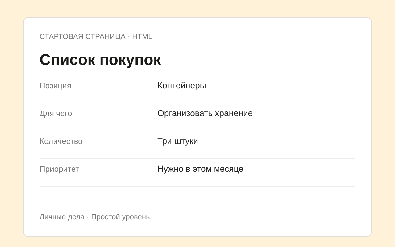 Структура шаблона Список покупок с примером заполнения
